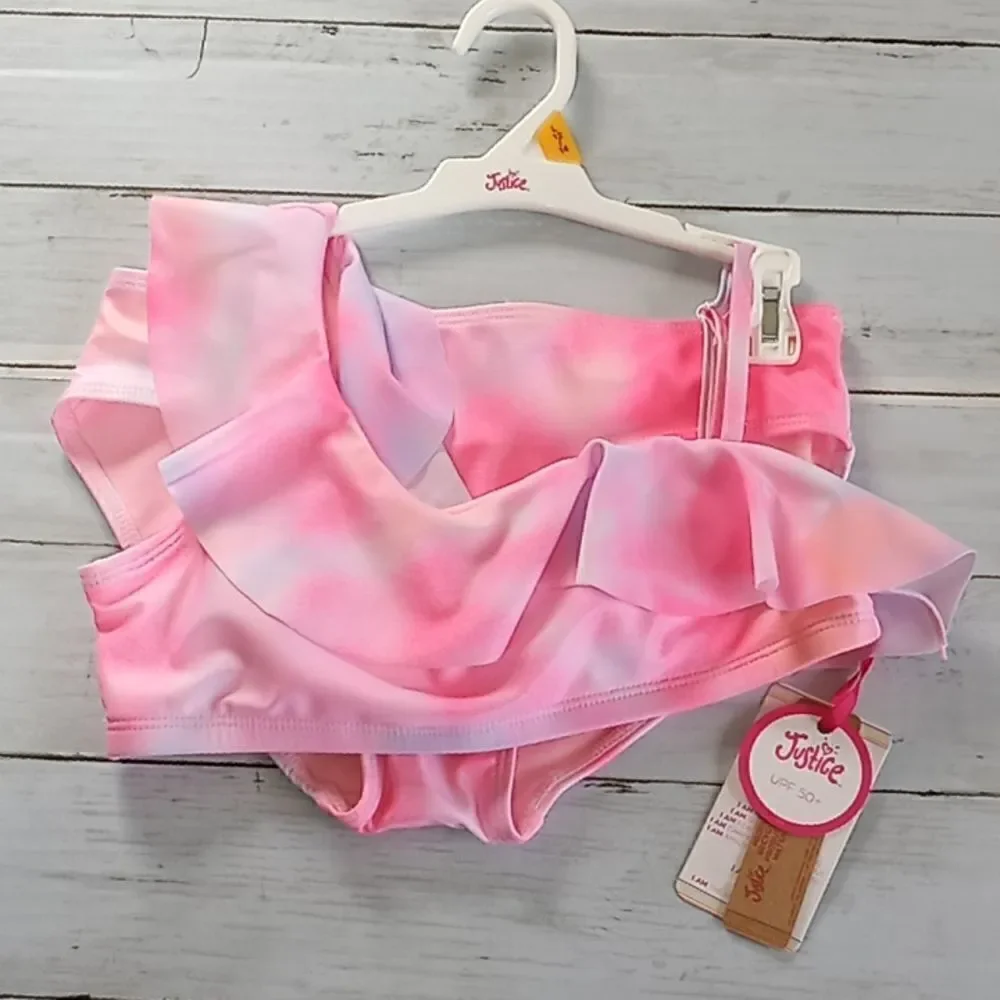 Justice Girls 2 Piece Ruffle Shoulder Tie Dye Bikini Swimsuit Size L 12/14